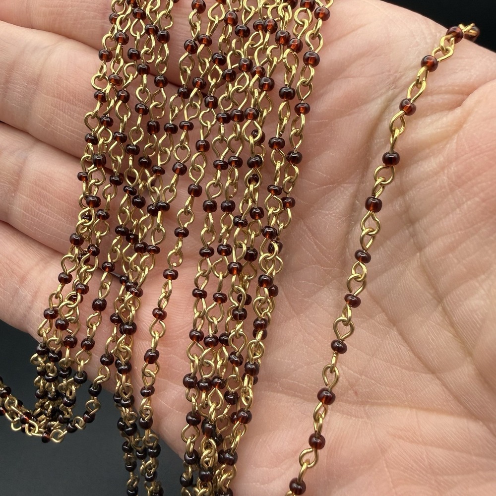 Vintage Multi Strand Gold Tone Chain Necklace Amber Glass Seed Beads Statement - Picture 5 of 7